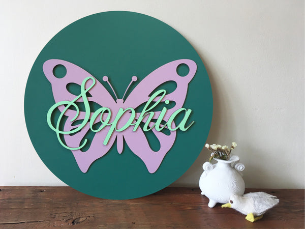 Name sign or nursery name sign with butterfly and custom name, girl room wall art cut out name round sign