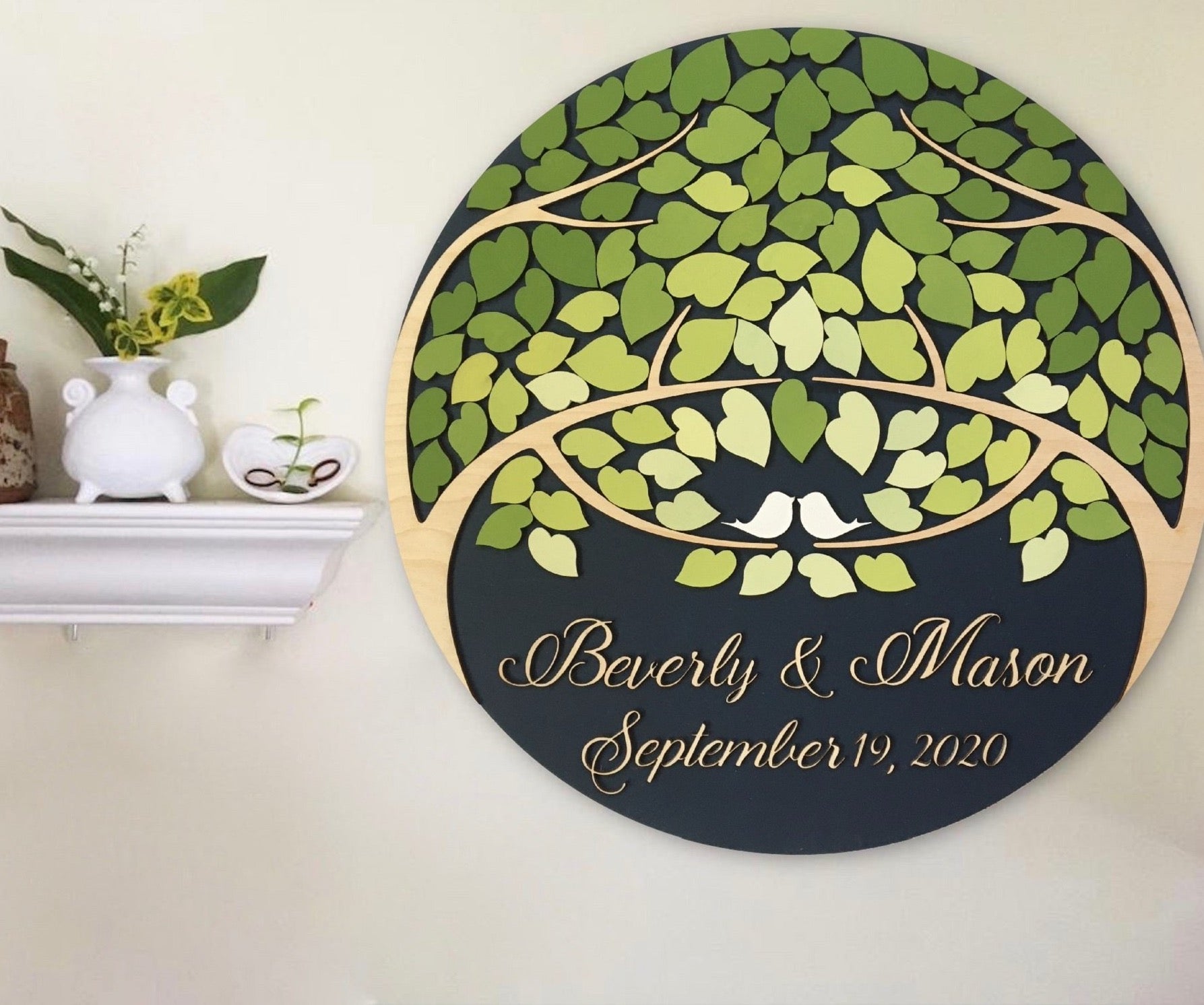 One of a kind custom guest book alternative round sign with tree of life and fresh green ombre effect wall art on signyoustyle.com