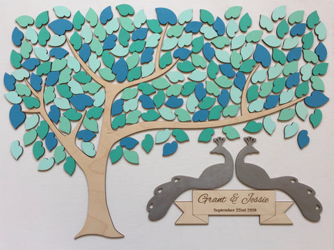 Peacock wedding guest book alternative with tree of life made with custom colors and custom engraved names for Indian wedding
