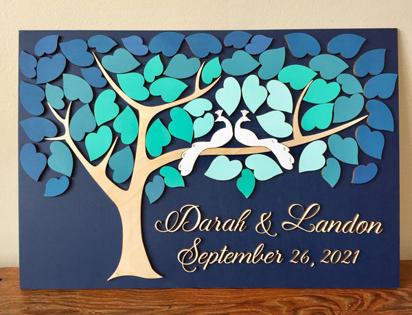 Peacock wedding guest book alternative with tree of life made and personalized details in custom colors