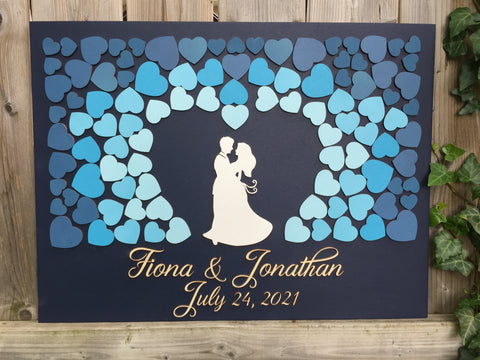 Personalized 3D guest book alternative with couple and wood hearts in ombre blue fading effect on SignYouStyle
