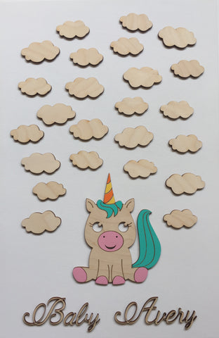 Personalized guest book alternative for baby showers, baptism, gender reveal party or kids birthday with unicorn and clouds to sign 