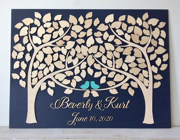 a color variation of Personalized wedding tree guest book alternative with two trees and love birds made of wood by Sign You Style