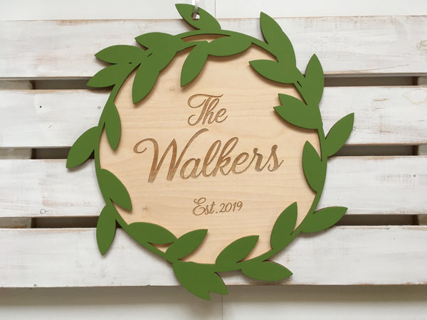 Personalized last name sign, unique engraved name sign, door sign wreath style with leaf decor, family gift, wall art