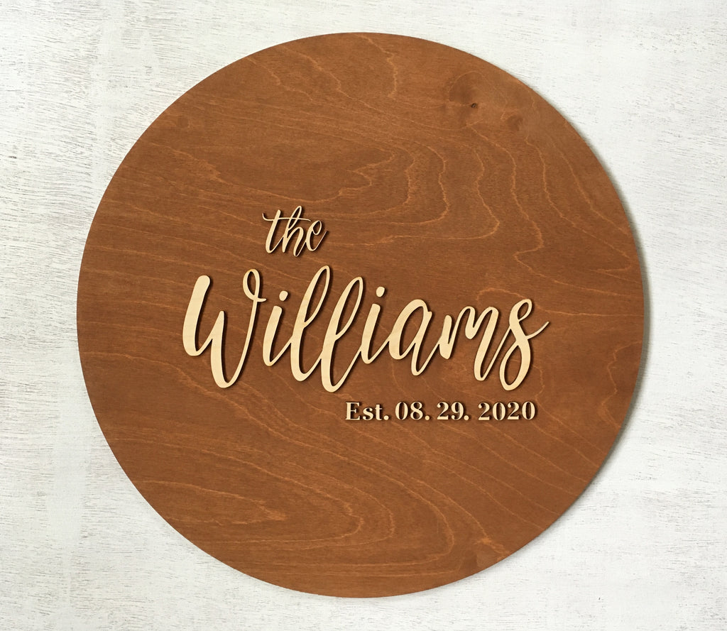 Round wood wedding guestbook alternative, last name wood sign