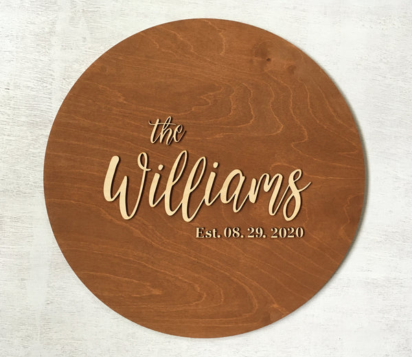 Personalized stain brown wood guest book round sign with 3D last name and established date