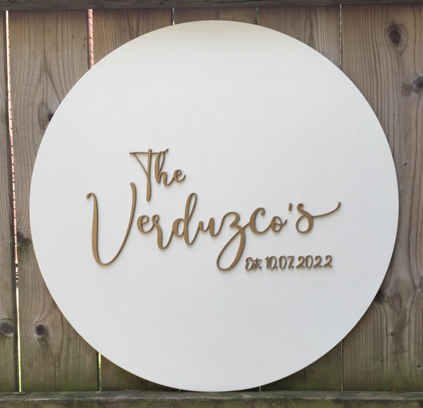 Round sign Personalized wood guest book with 3D last name and date white sign with gold lettering