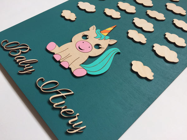 SignYouStyle baby shower, gender reveal or baptism guest book alternative with unicorn and custom name made in Canada