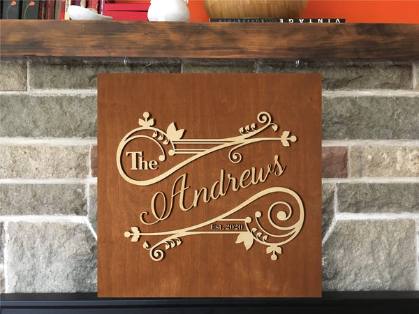 Stained wood family name sign made with custom details and vintage style design, wood last name sign with customizable colors made by Sign You Style
