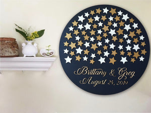 Stars personalized one of a kind guest book alternative round sign with stars to sign on signyoustyle.com, celestial theme wedding guest book