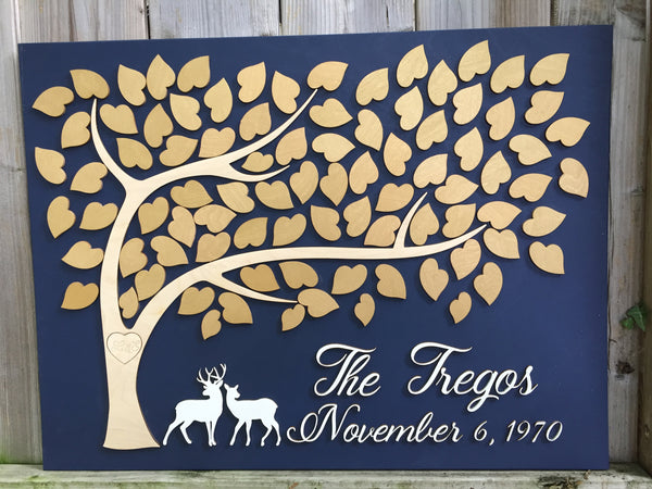 The anniversary guest book shown in the example pictures is made with approximately 80 leaves on a 24"x18" board painted in navy, with golden leaves and white deer