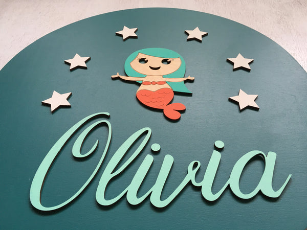 The name sign is made in 3d wood and a custom painted mermaid with the baby name or names
