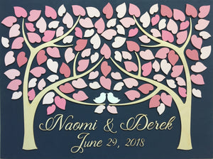 Wedding sign in book alternative wood guest book with pink, blush, rose, rosy, crimson, cherry hearts