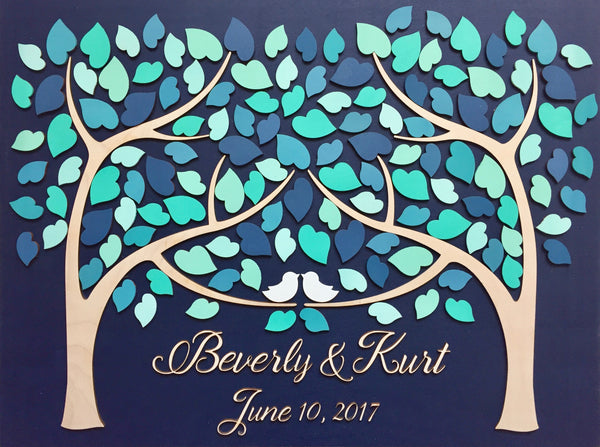 Wedding tree guest book alternative made of wood with 3D personalized details blue wedding decor
