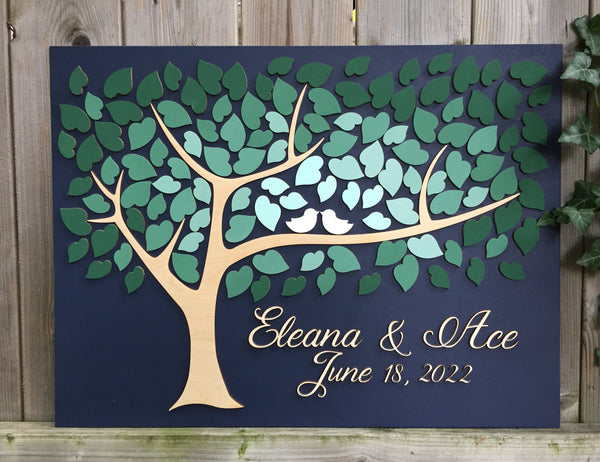 Wedding guest book alternative tree in 3d with ombre green fading leaves and customizable text