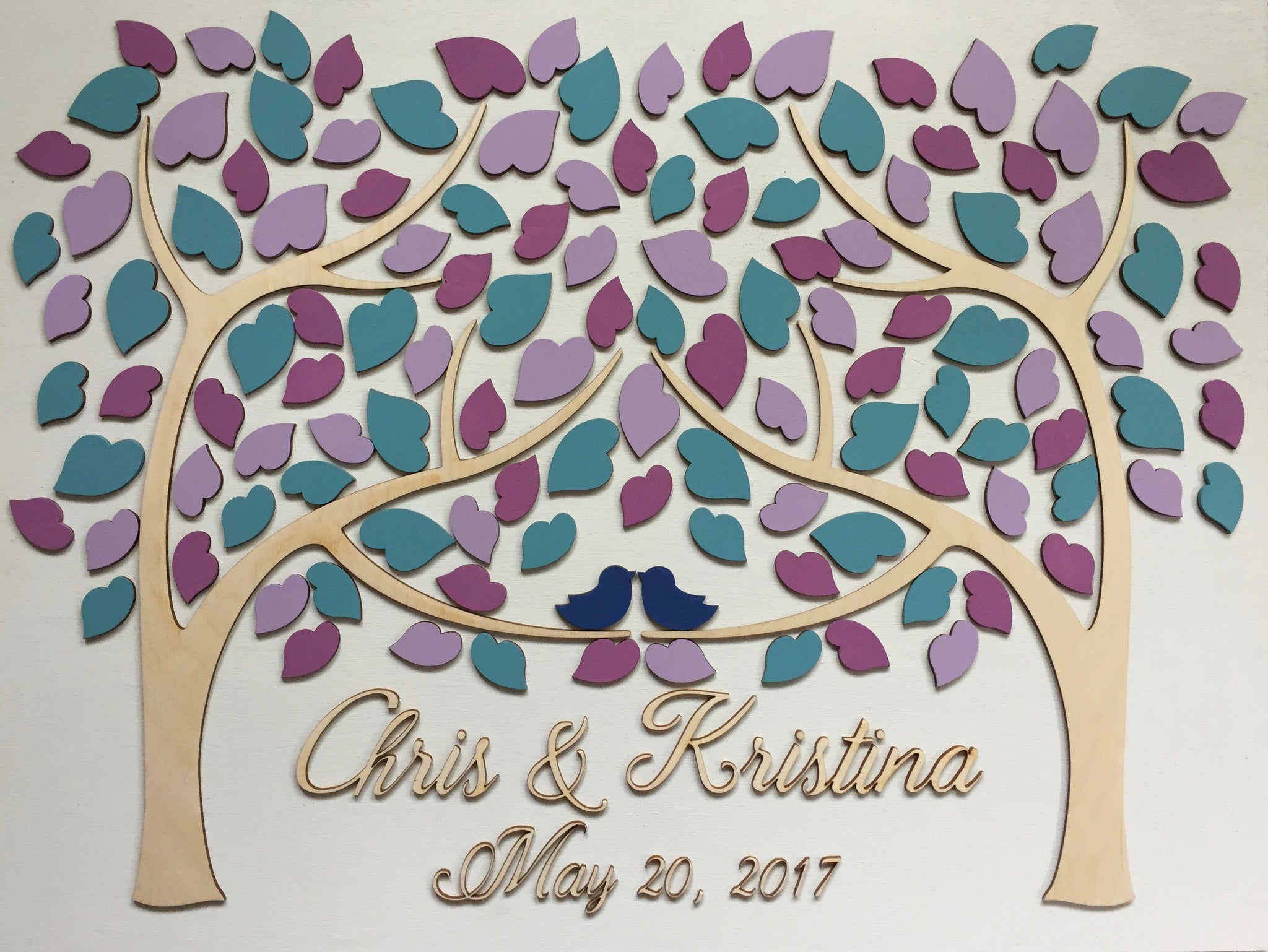 White, purple and teal guest book alternative with custom names and two trees that grow into one