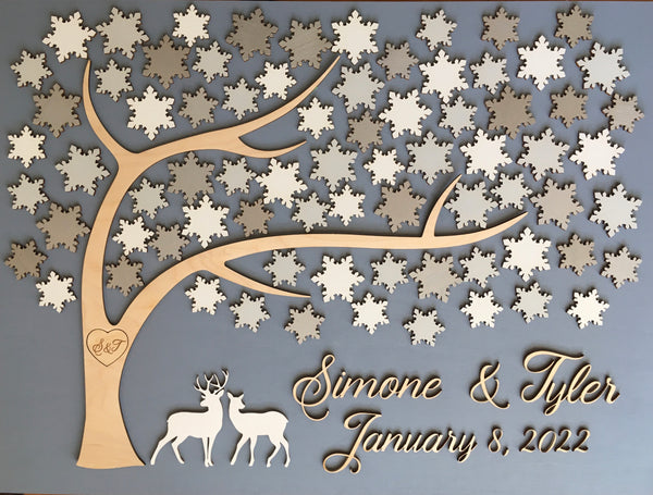 Winter wonderland wedding guest book alternative personalized guestbook sign with tree of life and deer couple signyoustyle.com