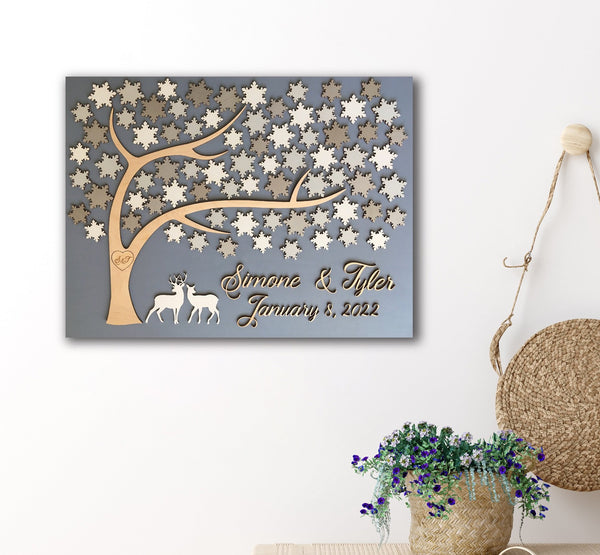 Winter wonderland wedding guest book alternative personalized guestbook sign with tree of life and deer couple signyoustyle.com set in an entryway