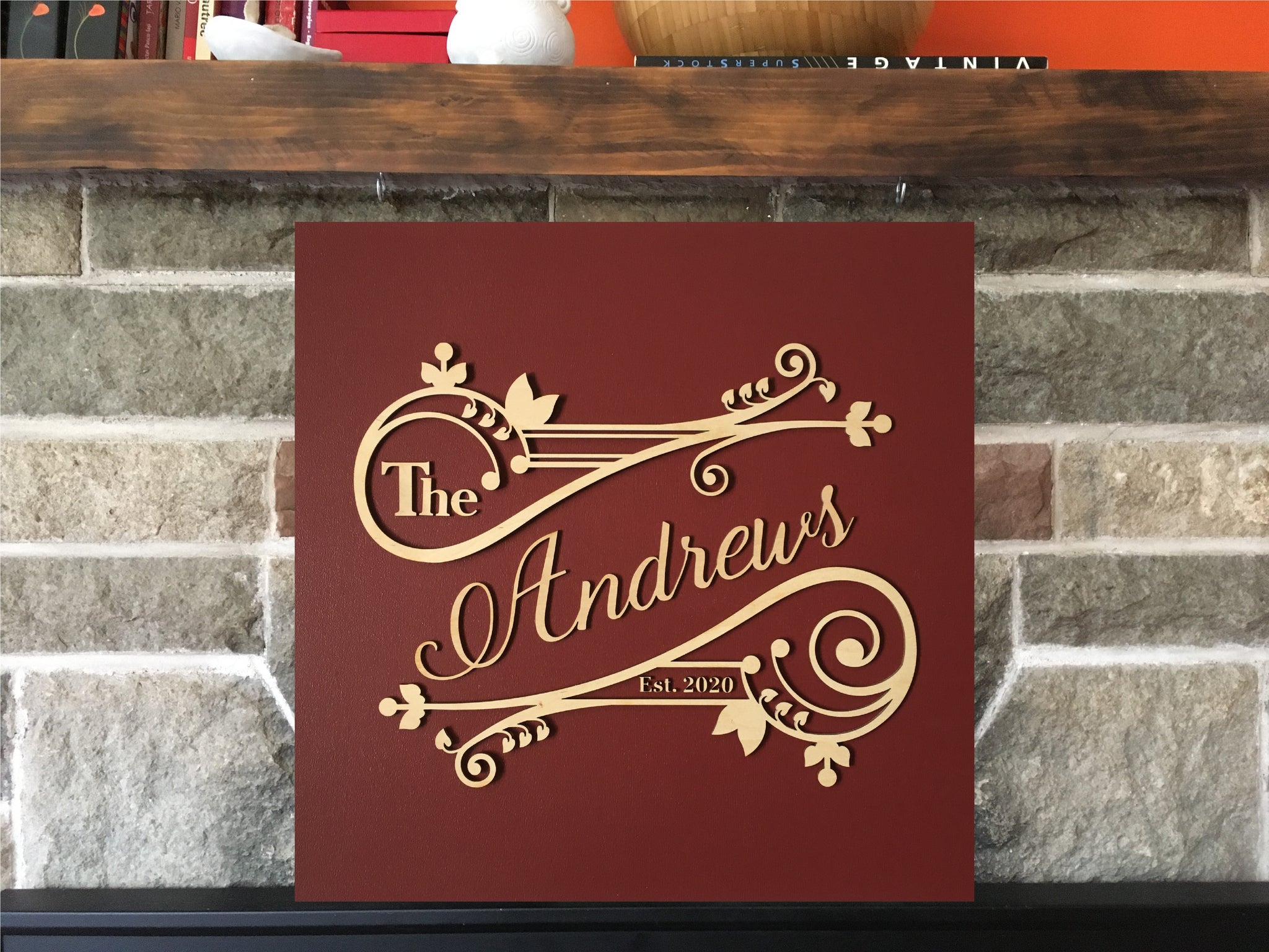 Wood family name sign made of wood with custom details and vintage style design, burgundy last name sign or you choose the colors