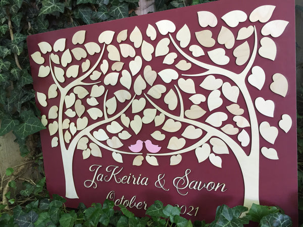 a burgundy wedding guest book alternative made in wood and customized with details such as names and wedding date ideal to sign at the wedding and display in home signyoustyle.com