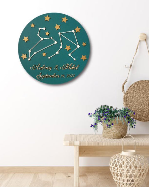 constellations zodiac signs for couples sign displayed on a wall at entryway or mud room signyoustyle.com