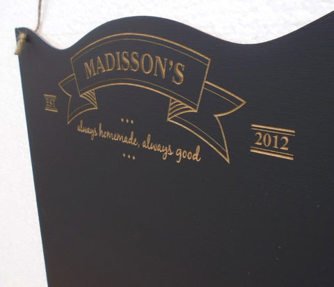 detail of custom engraved chalkboard menu, personalized housewarming gift