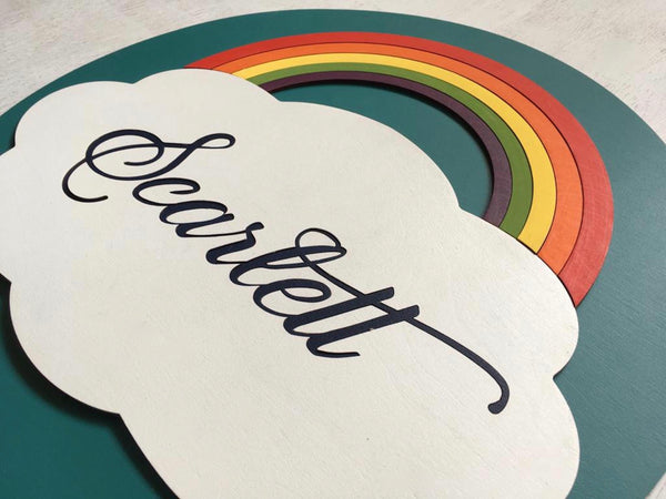 detailed view of 3D nursery baby girl sign with rainbow and cloud