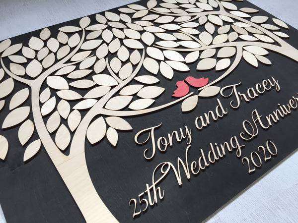 detail of 25th Wedding Anniversary guestbook alternative made of wood made by SignYouStyle