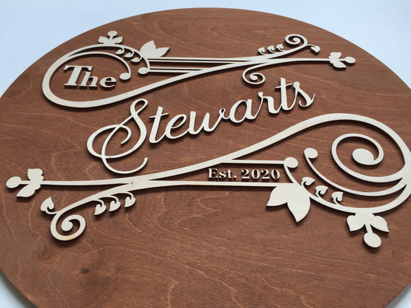 detail of 3D last name sign with swirls and personalized lettering