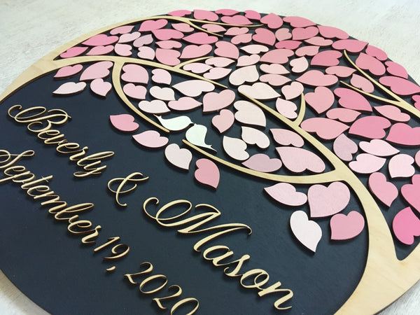 detail of round pink ombre guest book sign 