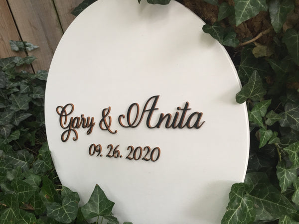 detail of the sign showing a white base and black lettering with the couple name of bride and groom on SignYouStyle