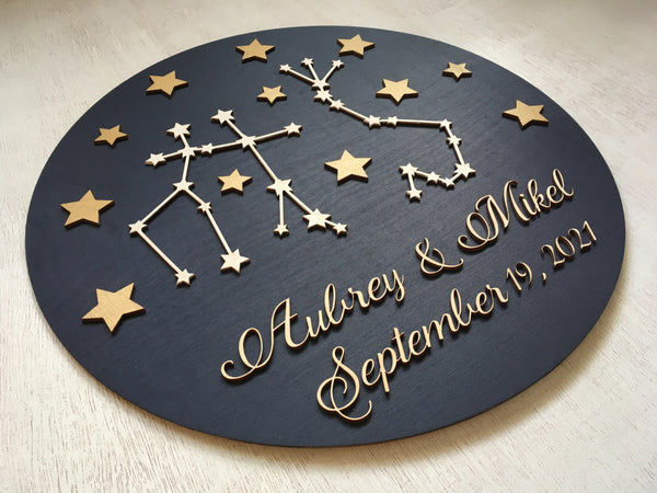 detail on navy and Gemini and Scorpio of Customizable zodiac sign Wood sign constellation wall art for couple, wedding guestbook alternative, anniversary, engagement, newlyweds gift