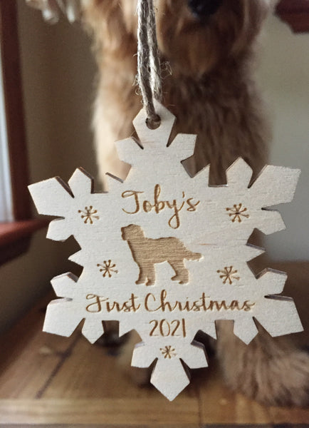 detail to show a doodle with a personalized tree ornament engraved with his name, silhouette and year dog joined the family signyoustyle.com