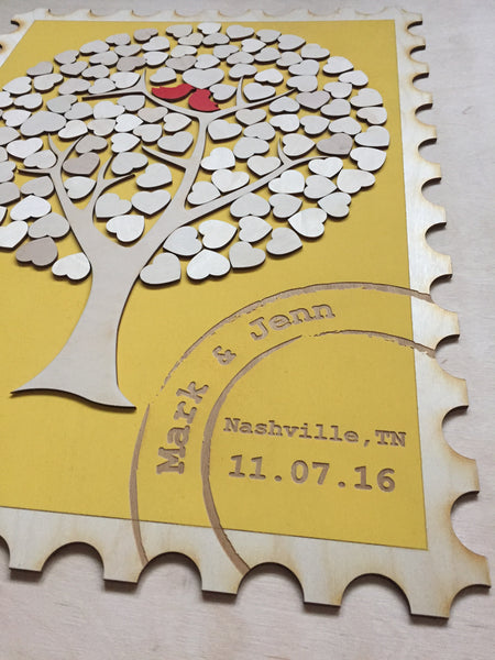 detail to show the engraved names, date and location for the tree guest book
