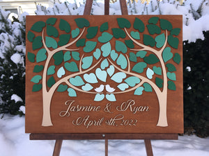 green ombre personalized guest book alternative with two trees and custom names and wedding date with custom colors chosen by bride and groom signyoustyle.com