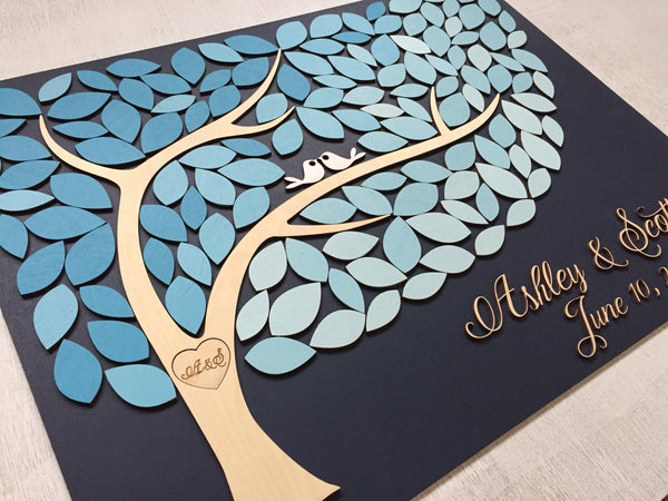 guest book sign in tree with ombre blue leaves on signyoustyle.com