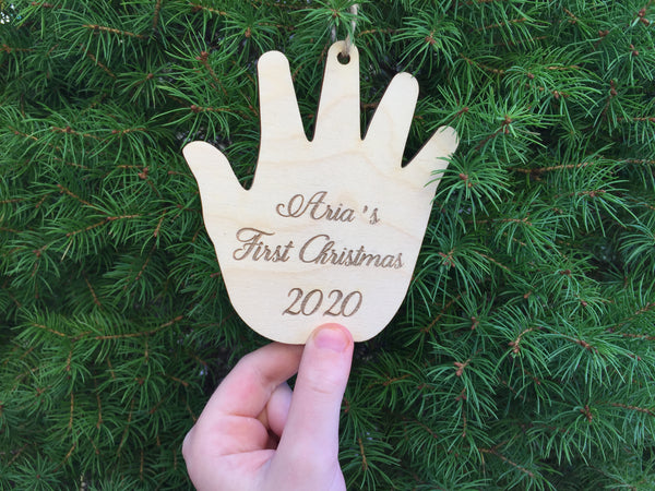 hand print Christmas ornament with customized text and baby name