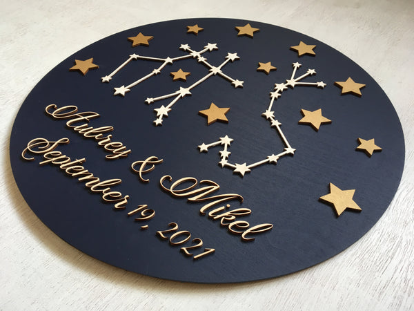 left side detail of Customizable zodiac sign Wood sign constellation wall art for couple, wedding guestbook alternative, anniversary, engagement, newlyweds gift made on navy and with Gemini and Scorpio signs