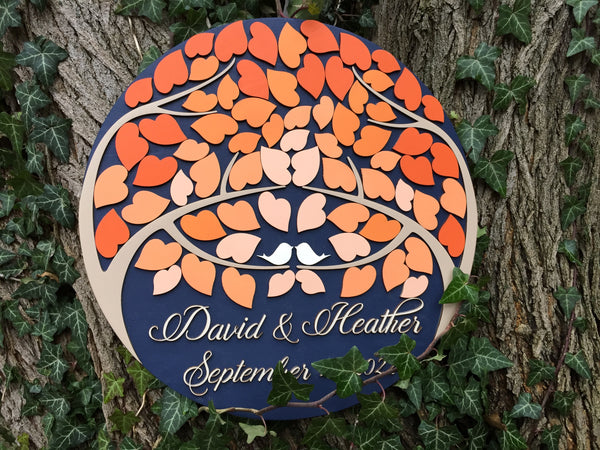 one of a kind custom guest book alternative round sign with tree of life and orange ombre effect wall art with personalized names