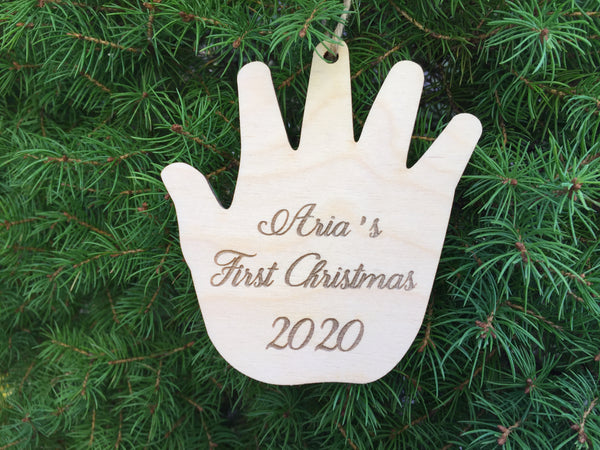 perosnalized baby's first Christmas hand print ornament