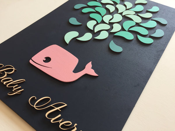 personalized baby showe guest book detail with whale and water drops to sign in custom colors
