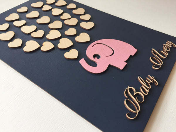 personalized guestbook or nursery decoration made of wood and pink elephant