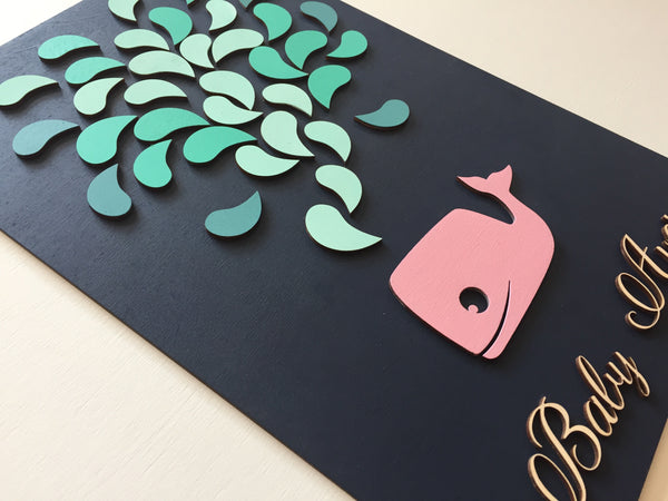 pink whale detail from baby showe guest book, girl room wall art