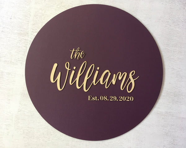 Personalized stain brown wood guest book round sign with 3D last name and established date