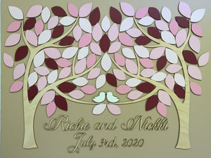 Personalized tree of life guest book alternative for wedding, anniversary on pink and burgundy color scheme made in Canada by SignYouStyle
