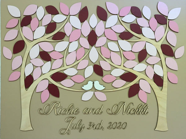 Personalized tree of life guest book alternative for wedding, anniversary on pink and burgundy color scheme made in Canada by SignYouStyle