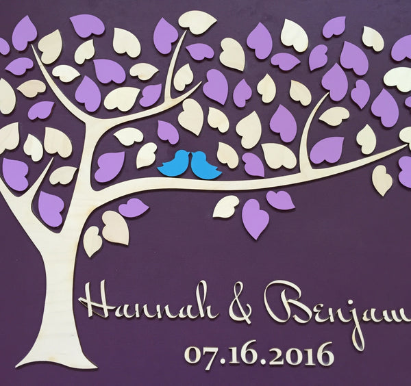 tree wedding guest book with hand painted details violet purple wedding made by SignYouStyle