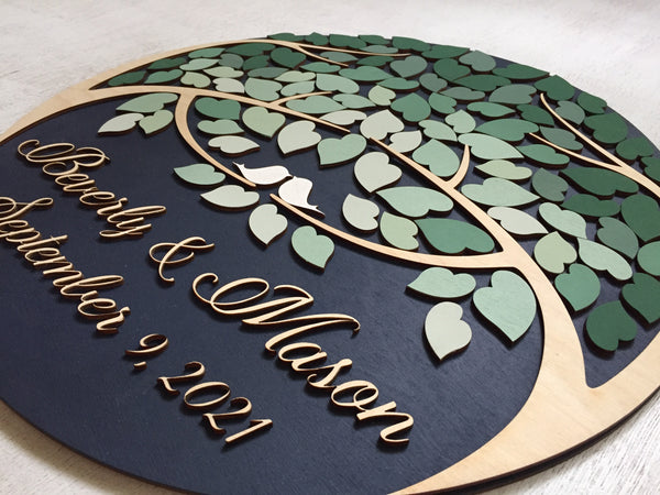 right side detail of custom guest book round sign with trees and dark green ombre leaves to sign