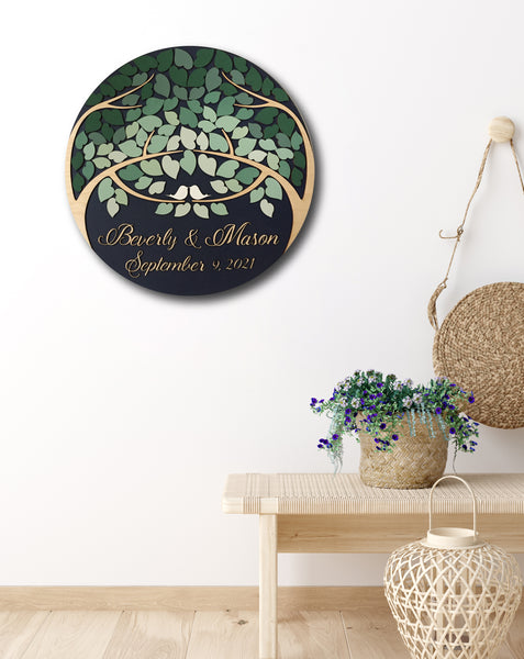 round guest book alternative with trees and dark green ombre set on a wall home decor.jpg