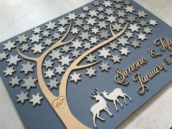 side detail of Winter wonderland wedding guest book alternative personalized guestbook sign with tree of life and deer couple signyoustyle.com